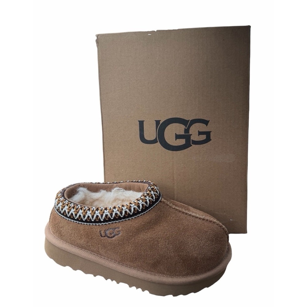 UGG Tasman II Slippers Kids Size 8 Chestnut Suede Sheepskin Slip On NWB